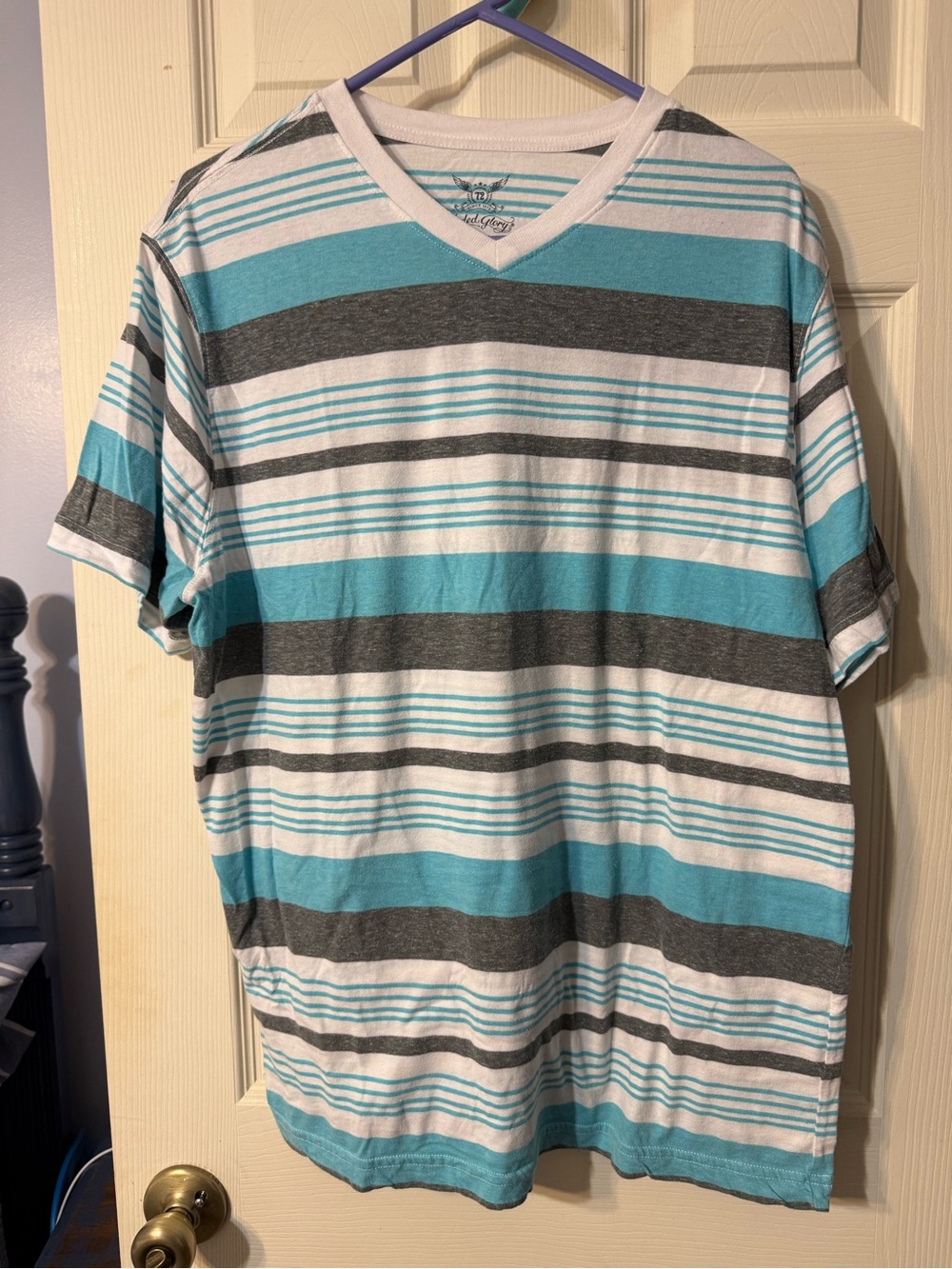 Faded Glory Men's V-Neck Stripe Tee - Teal, White & Gray